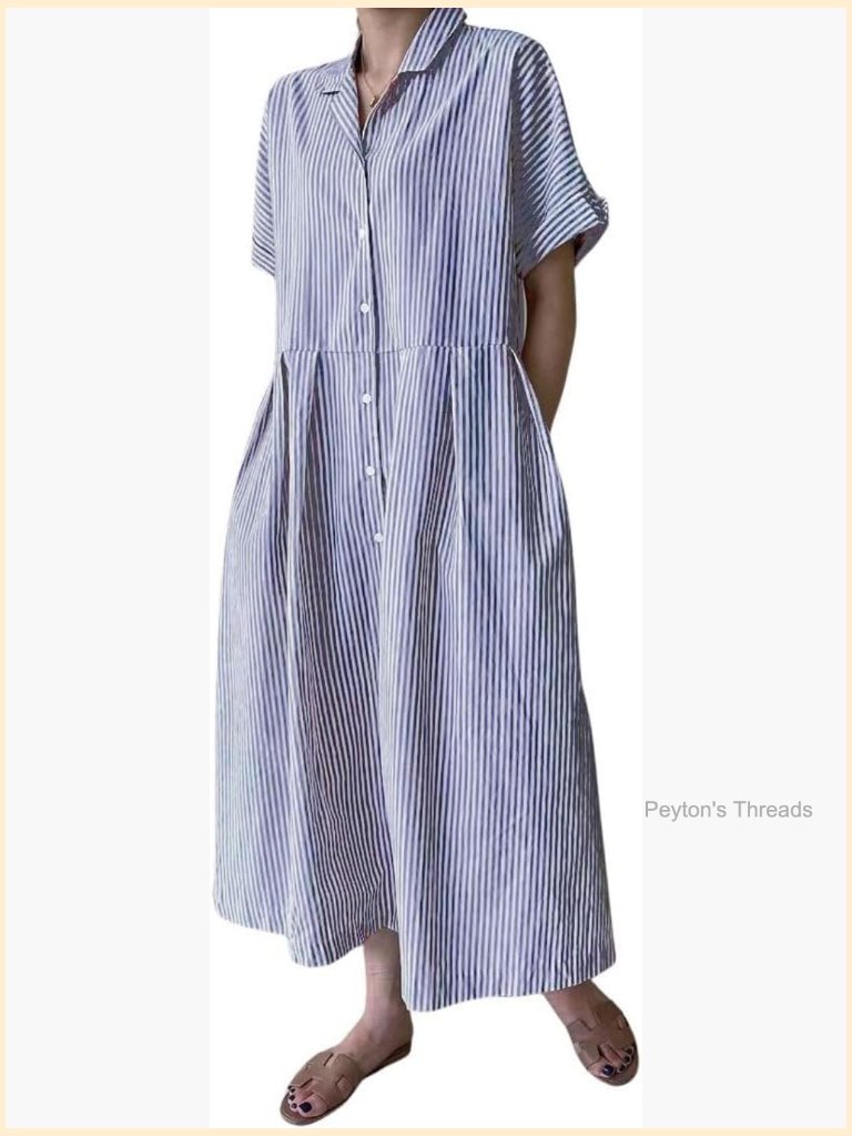 Cotton Striped Button Up Midi Shift Dress With Pockets Loose Fit